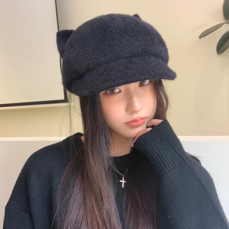 

Korean Cute Cat Ear Plush Beret Autumn and Winter Casual Face Showing Small Warm Hat Fashionable Versatile Painter Hat New One Size