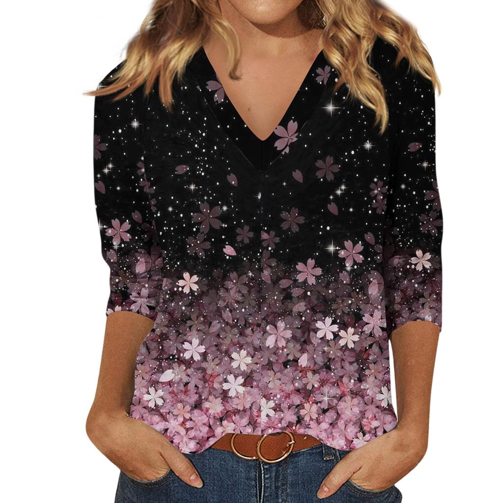 Women'S Casual And Fashionable Flower Printing V-Neck Top With Seven Quarter Sleeves Women'S Summer Clothes Top Mujer