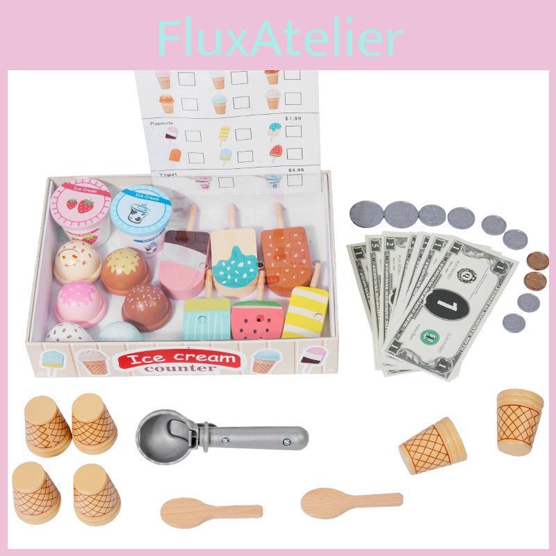 Wooden Cream Ice Stand Toy With Cash Register And Fruit Accessories Playtime For