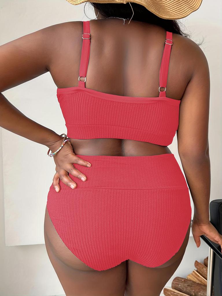 Übergröße High Waist Spaghettiträger Einfarbig Bikini Badeanzug - P005