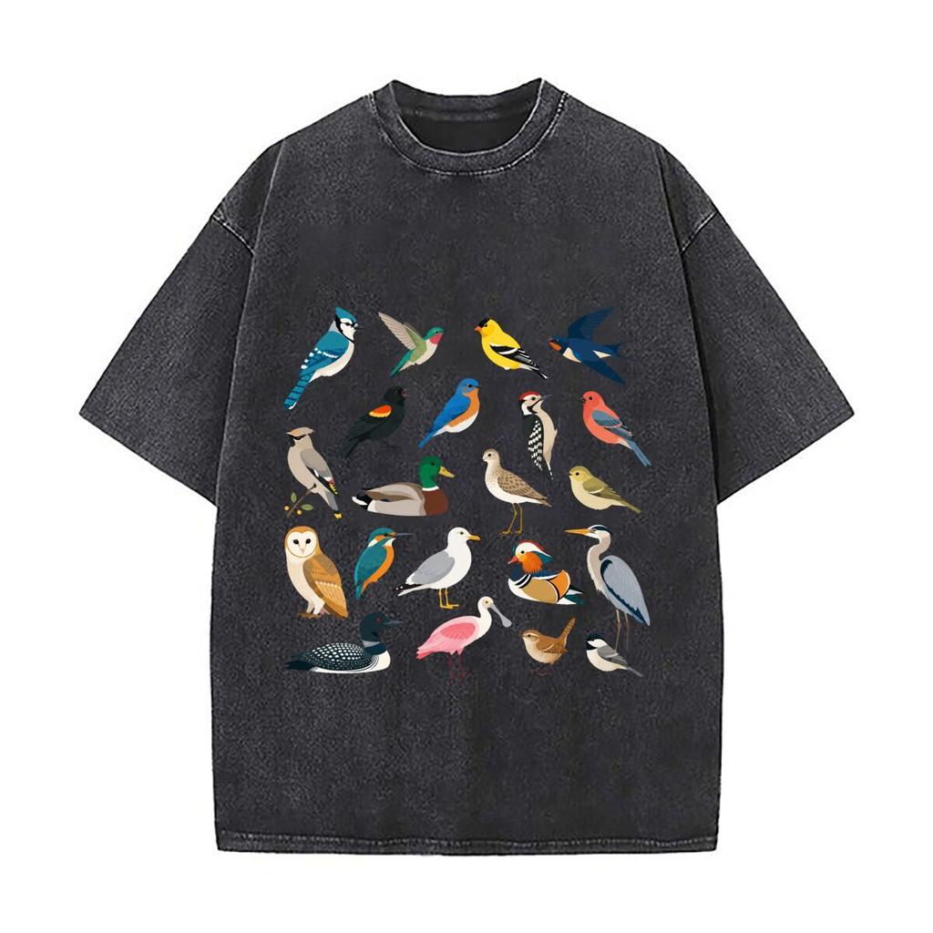 Colorful Birdwatcher Species Collage Loose Solid Distressed T Shirt American Casual Crew Neck Top