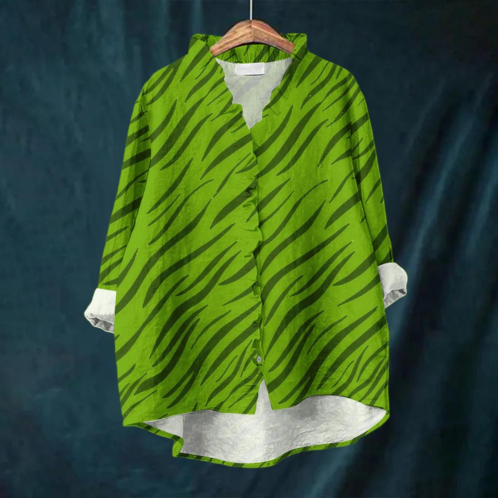 Women's Loose Ruffled Floral Print Stand Collar Long Sleeve Cotton And Linen Top