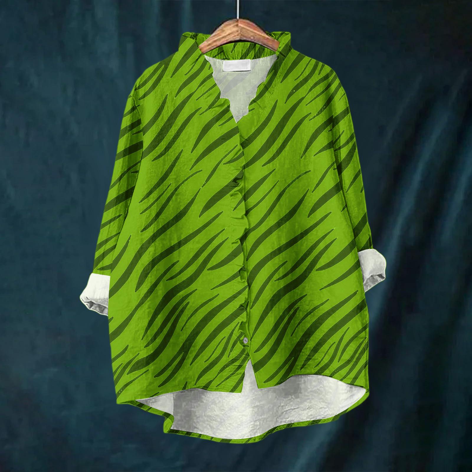 

Женский свободный топ с оборками, цветочным принтом, воротником-стойкой и длинными рукавами из хлопка и льна XXL зелёный