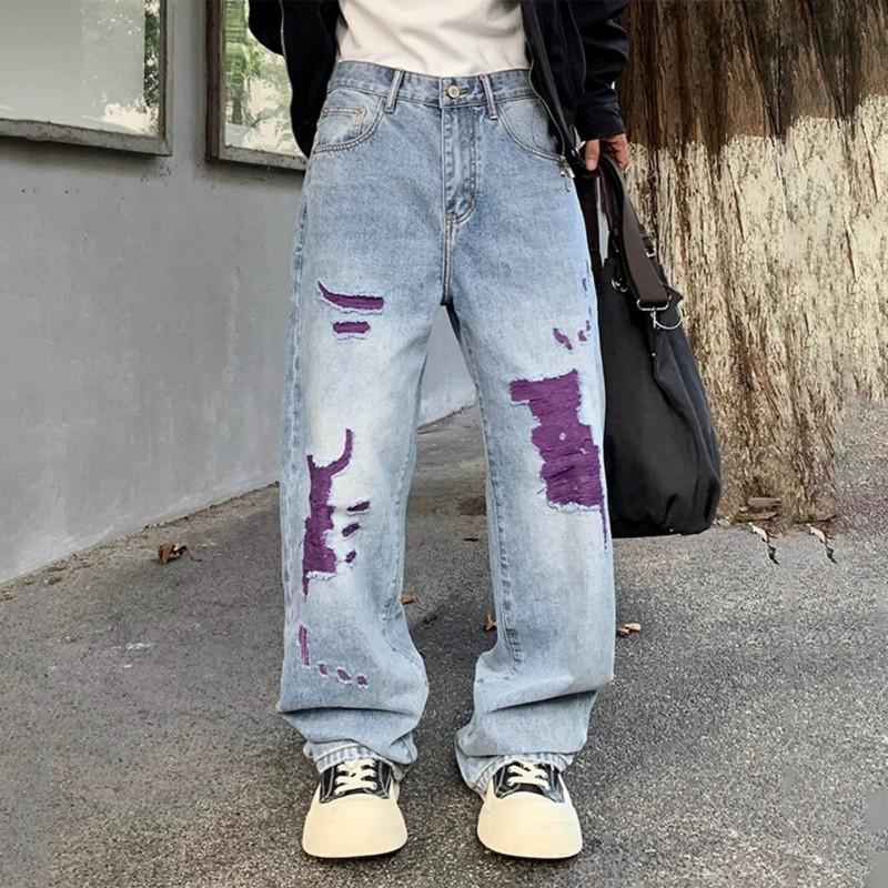 Mens Vintage Loose Straight Leg Jeans Ripped Streetwear Style Casual Denim Pants Teens