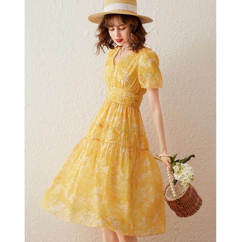Bailuyu French Style V-Neck Floral Puff Sleeve Long Dress S