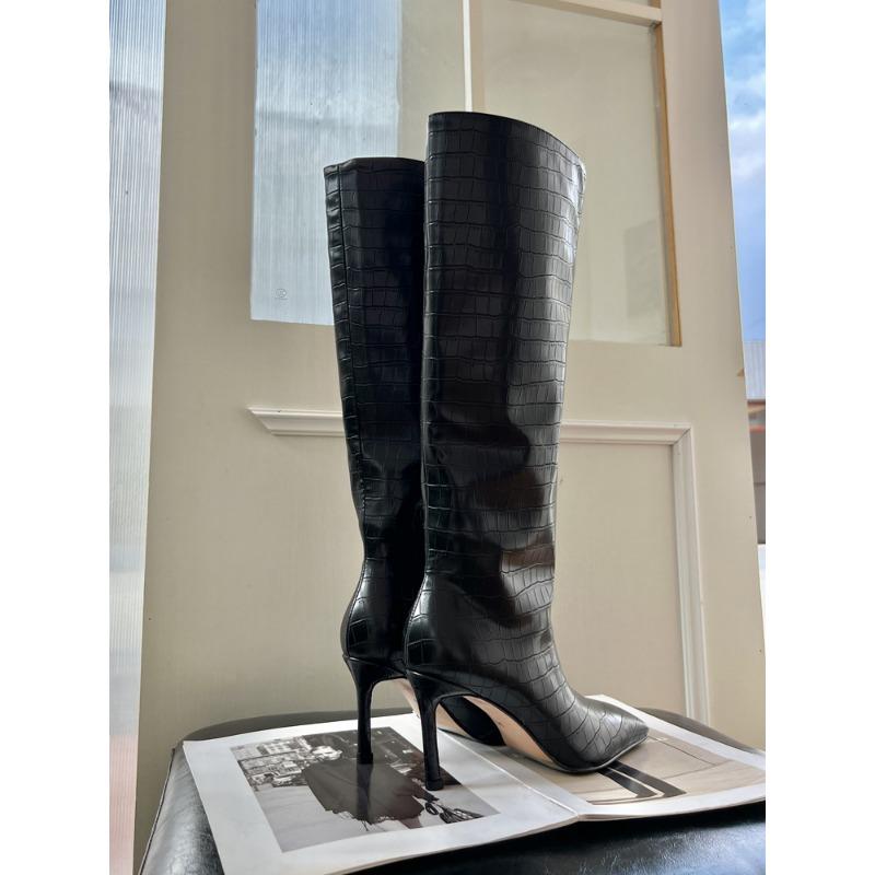 Song Xixi's New Knee Boots, Crocodile Pattern, Thin White Square Head High Boots, High Heel Boots.