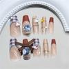 24 Pieces Elegant Checkered Patterned Press on Nail With Delicate Bowknots False Nail Suitable For Fashion Ladies