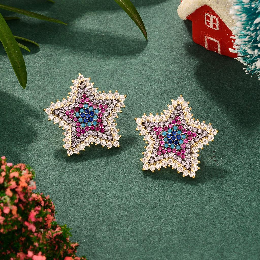 European and American color sweet star earrings Christmas inlaid zirconium flower design earrings fashion silver needle earrings