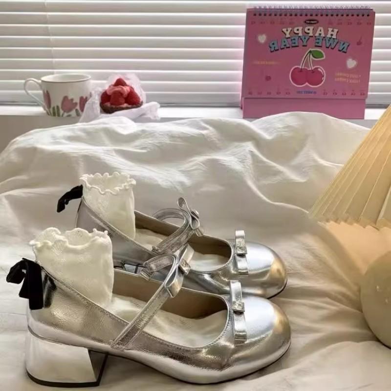 Silver Light Mouth Ballet High Heels Single Shoes Women's New Summer Skirt Round Head Mary Jane Shoes