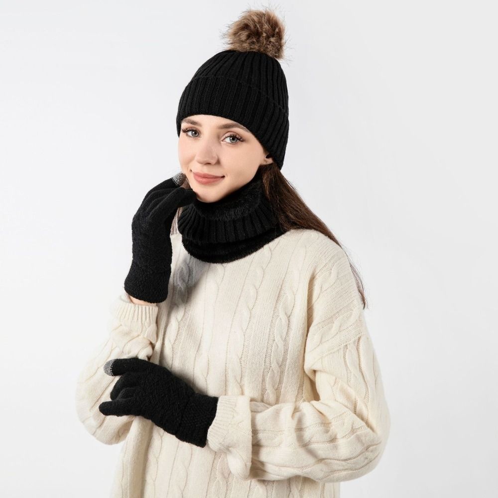3Pcs/Set Thicken Winter Hat Scarf Gloves Set Plush Lining Touchscreen Gloves for Men Women