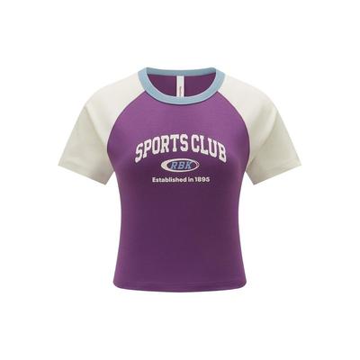 Color Block Knitted Round Neck Short Sleeve T-Shirt Women Tops Purple White 24SRC406WGP2