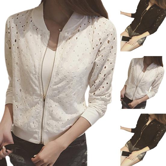 Women Coat Hollow Out Lace Stand Collar Zipper Closure Solid Color Elastic Cuff And