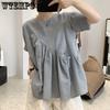 Irregular Cotton and Linen Shirt for Women in Summer Loose Round Neck Short Sleeved Shirt
