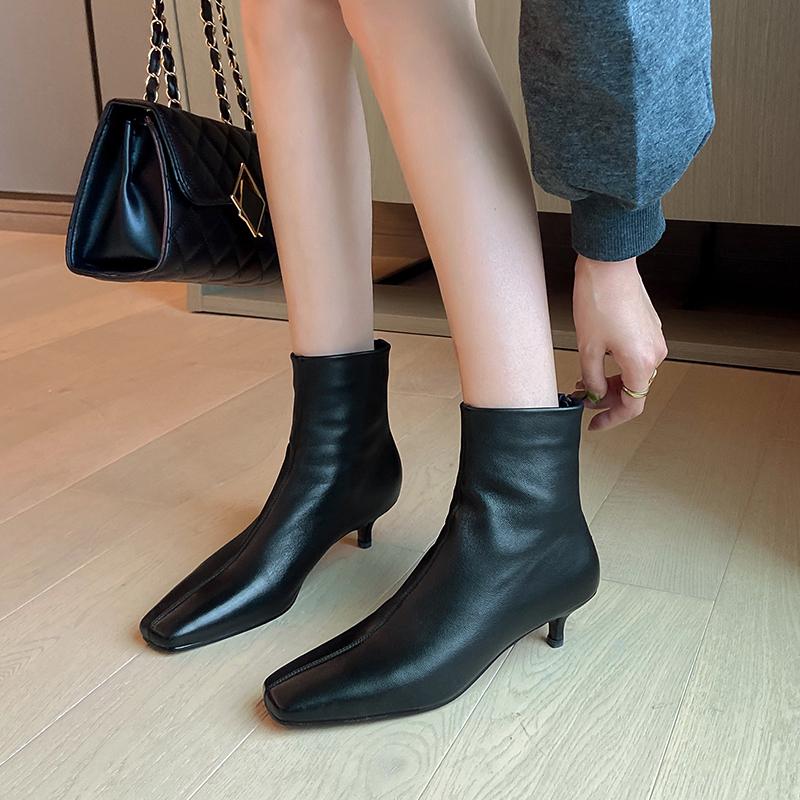 Oryginalne skórzane buty damskie zimowe botki z owczej skóry modne buty damskie na zamek zwięzły kwadratowy nosek cienki obcas ręcznie robione buty