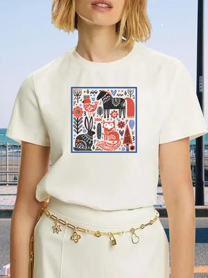 Women's Hot Sale Cotton Forest and Horse Printed T-shirt Fashion Plus Size Casual Tops Summer Loose Harajuku Clothing