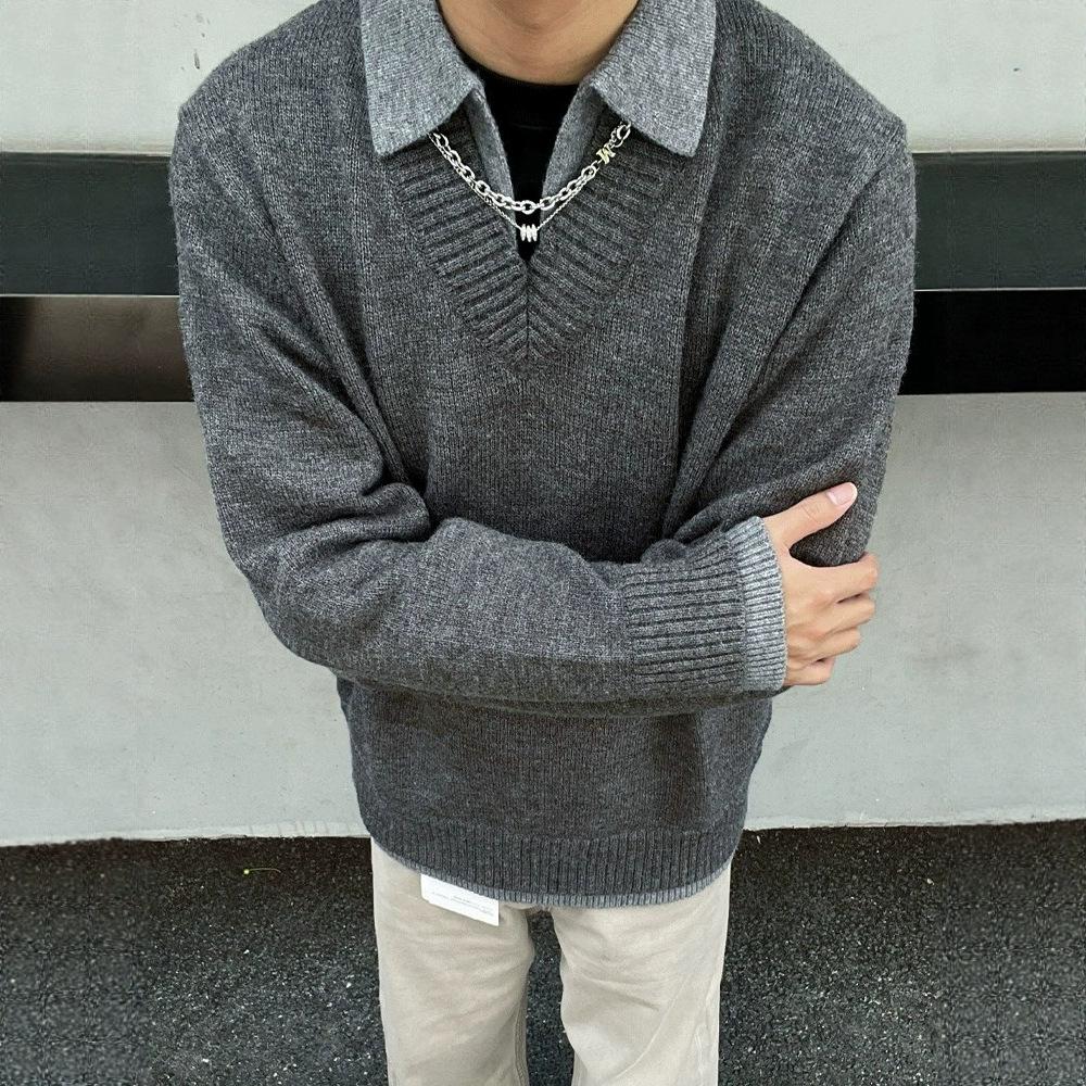 Old money wind fake two v-neck sweater men's autumn high-end American retro knitted Polo bottoming shirt
