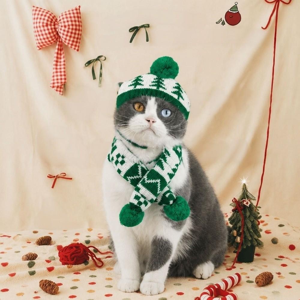 Cute Cat Dog Christmas Hat Scarf Green Red Pet Knitted Suit Pet Dress Up Set Xmas Pet Costume
