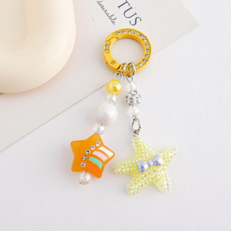 Starfish Beaded Keychain Imitation Pearl Acrylic Pentagram Keyring Girls Earphone Case Phone Decor Ornaments