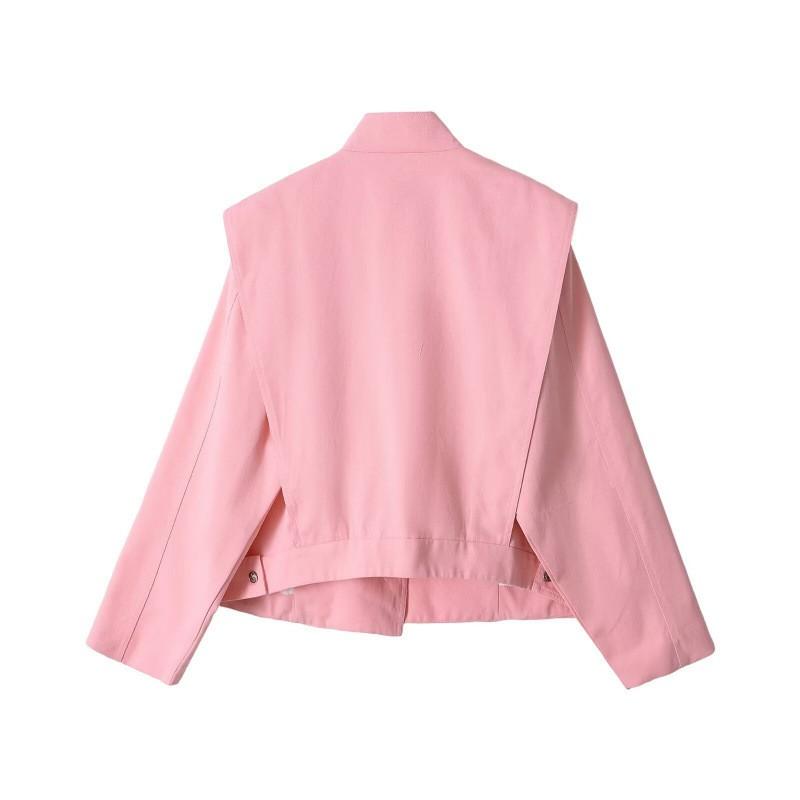 Womens 2026 Oversized Stand Collar Jacket With Shoulder Pads Button Front Raglan Sleeves Streetwear Loose Fit