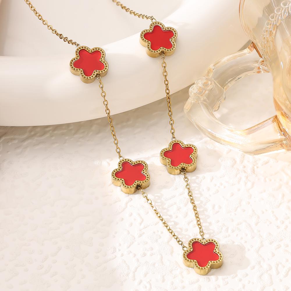 SHEIN 18K Gold-Plated Five-Petal Flower Jewelry Set: Bracelet, Necklace & Stud Earrings In Non-Fading Titanium Steel