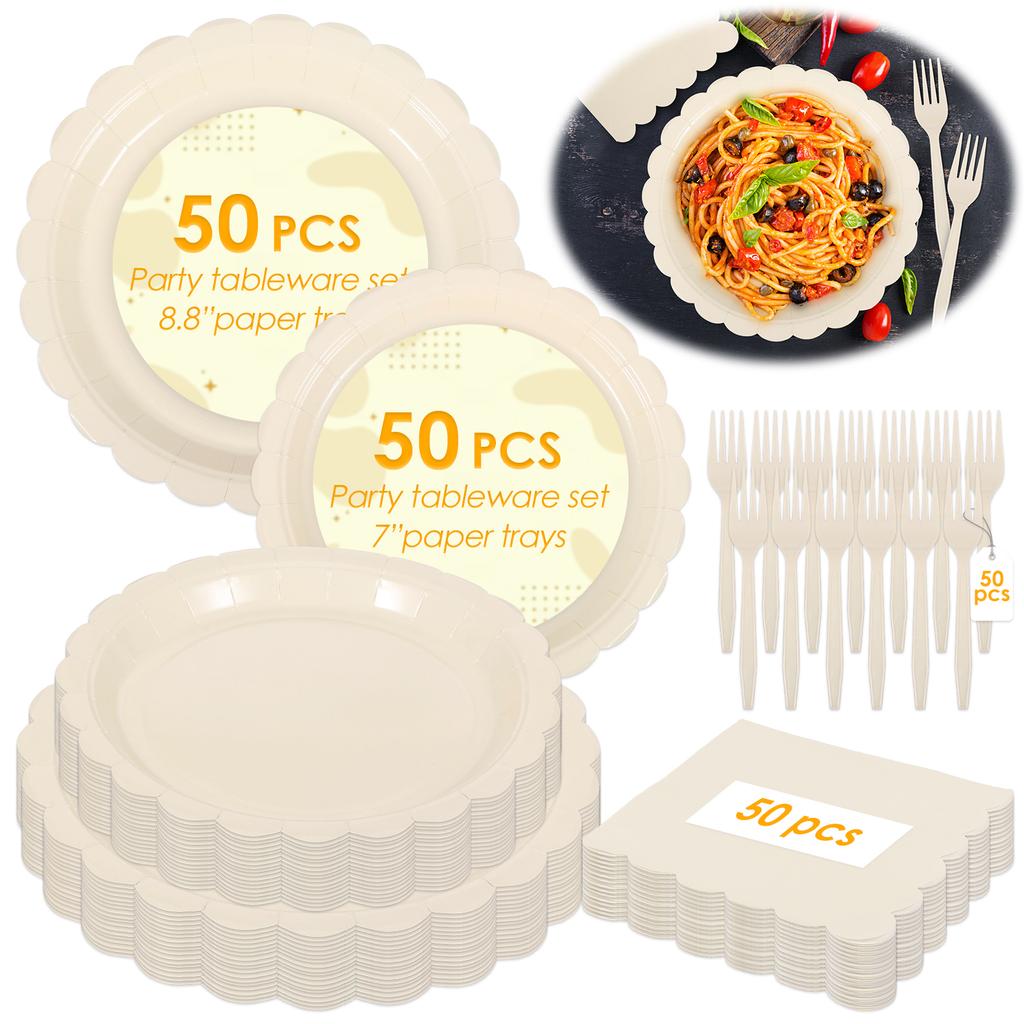200Pcs Scalloped Edge Tableware Set Party Supplies Thickened Paper Dinnerware with Napkin Plate and Fork for Weddings Tea Party