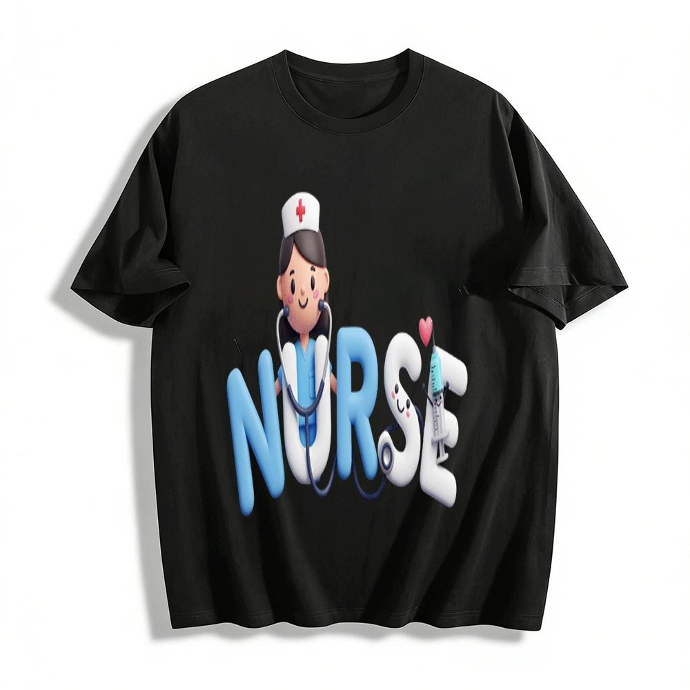 Cute Nurse Themed Printed Casual Tshirt Loose Comfortable Top Pure cotton T-shirt XXS