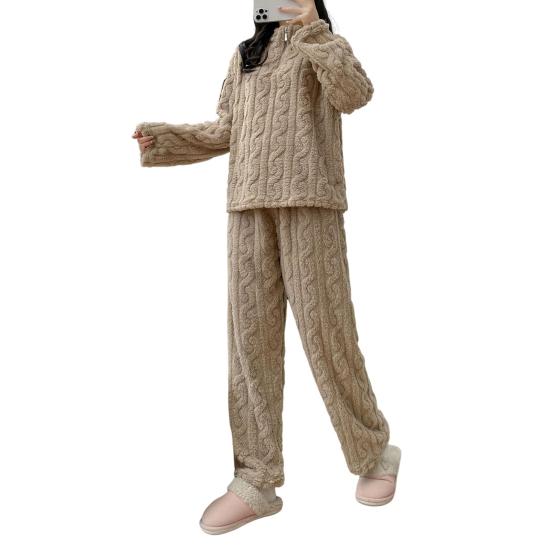 2 Pcs/Set Unisex Winter Pajamas Set Stand Collar Solid Color Zipper Closure Thickened Coral