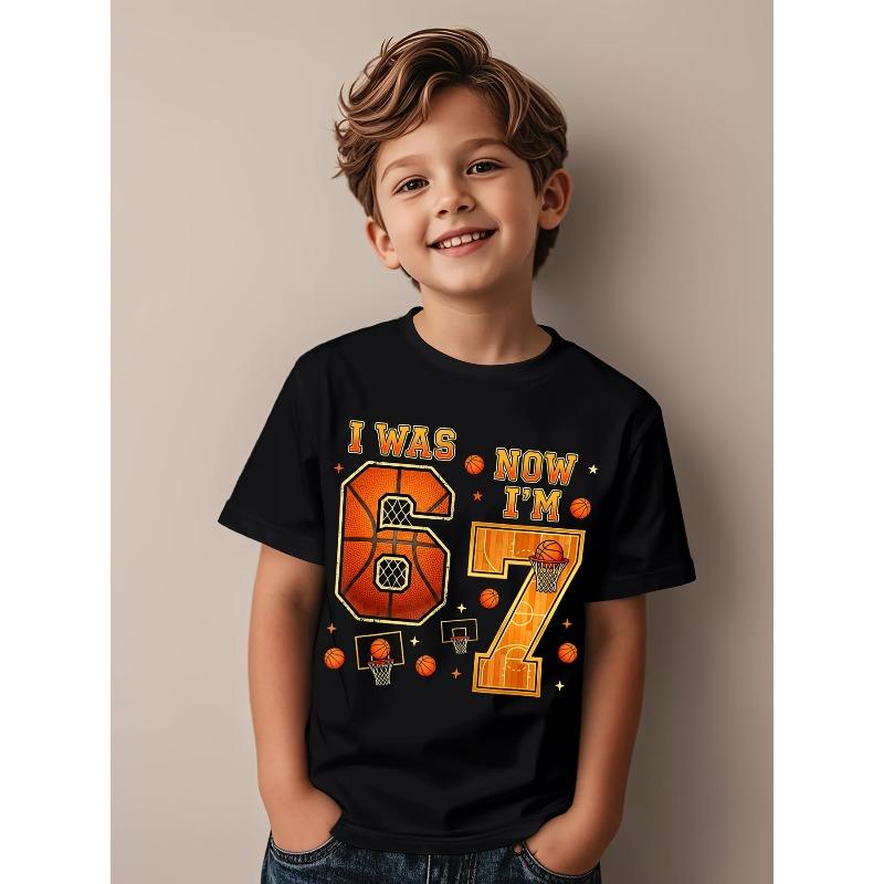 European sizes Boys 7th Birthday Basketball Theme T-Shirt - Featuring a 67 Basketball Hoop Design for Ages 6-7