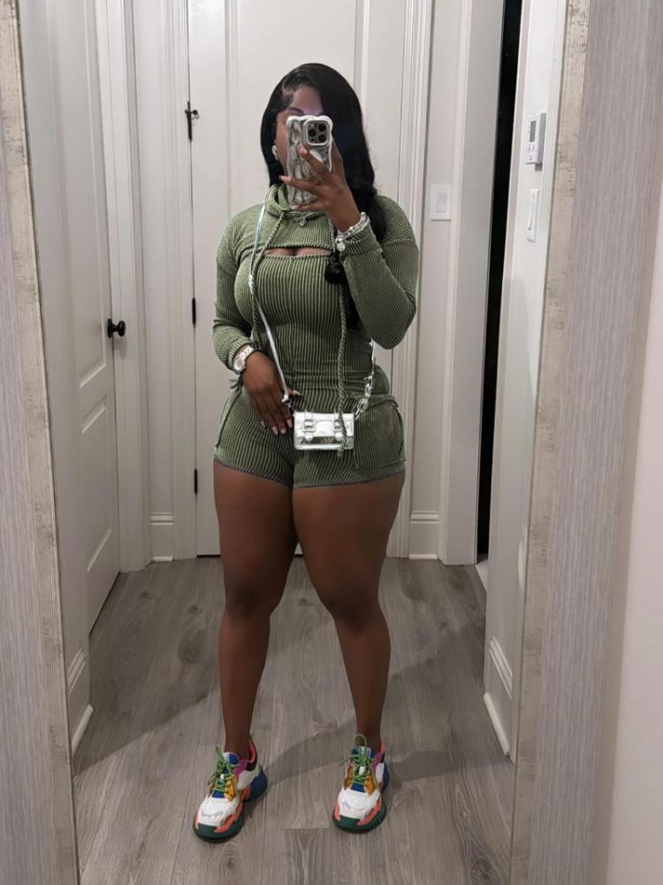 Women Solid Ribbed Two Piece Set Long Sleeve Hooded Cape + Pockets Spaghetti Straps Playsuits Fashion Stretch Streetwear Suits