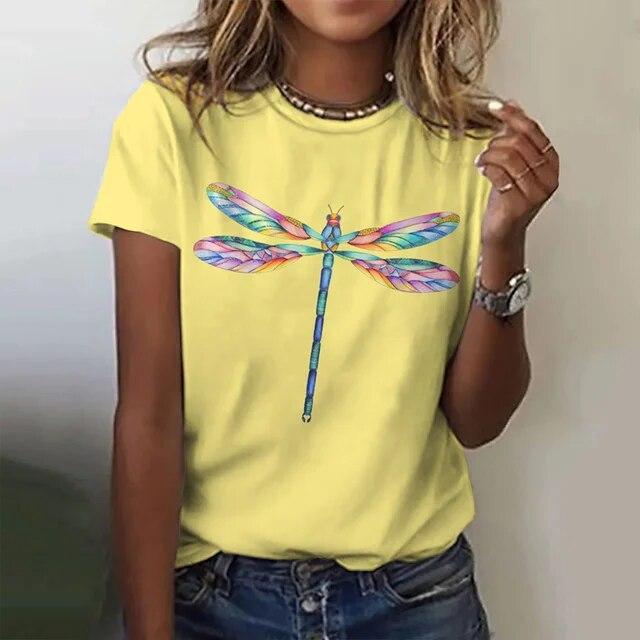 Damska koszulka 3d Dragonfly Printed Girls Top Street O-Neck z krótkim rękawem modna koszulka letnia codzienna koszulka dla kobiet