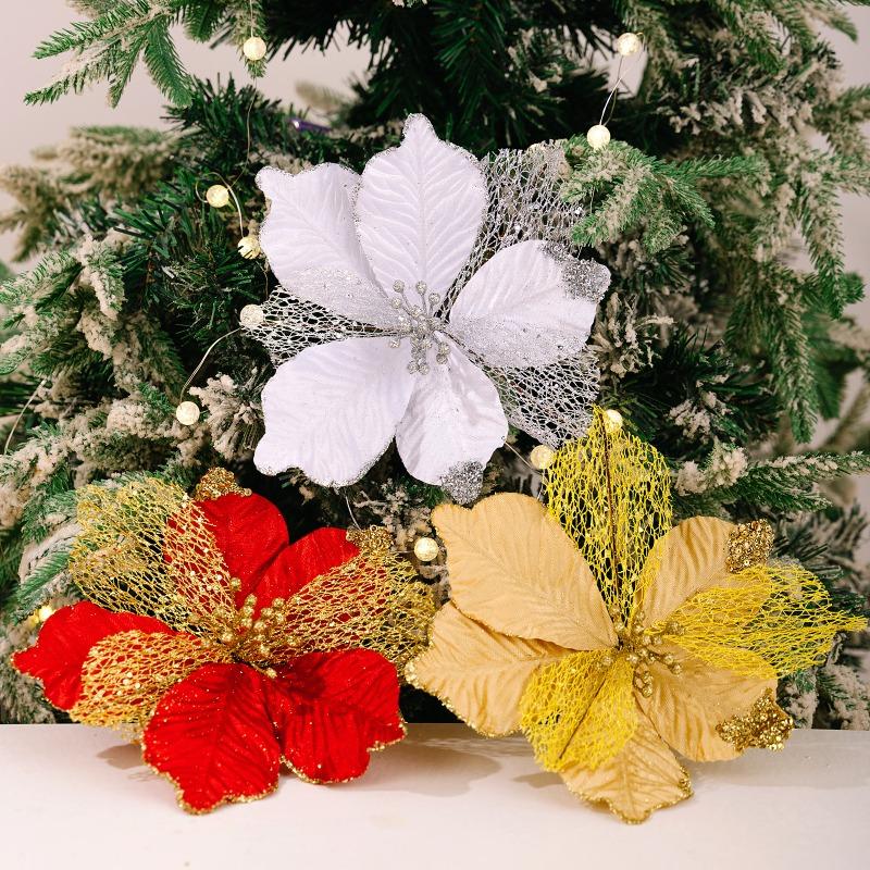 1PCS Christmas Ornament Golden Red Simulation Christmas Flower Handmade Maple Leaf Decorative Flower Christmas Flower Pendant