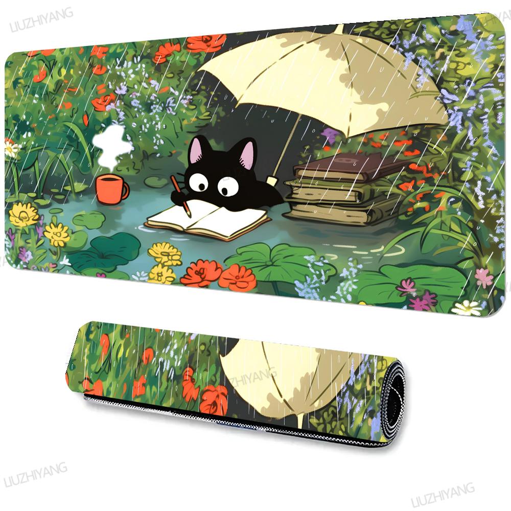 Cute Black Cat Forest Large Desk Mat Cartoon Animal Green Nature Scene Xxl Mouse Pad NonSlip Lock Edge Keyboard Mat