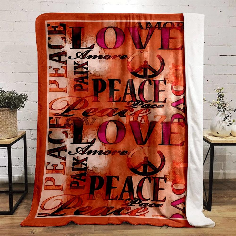 The pattern features "Love" and "Peace" text in various styles and colors. for all seasons blanket lunch break throw gift