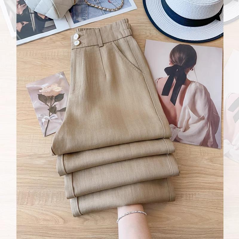 Khaki High-Waisted Wide-Leg Pants for Women - Spring/Summer 2025: Versatile, Slimming, Loose-Fit, Nine-Point Length