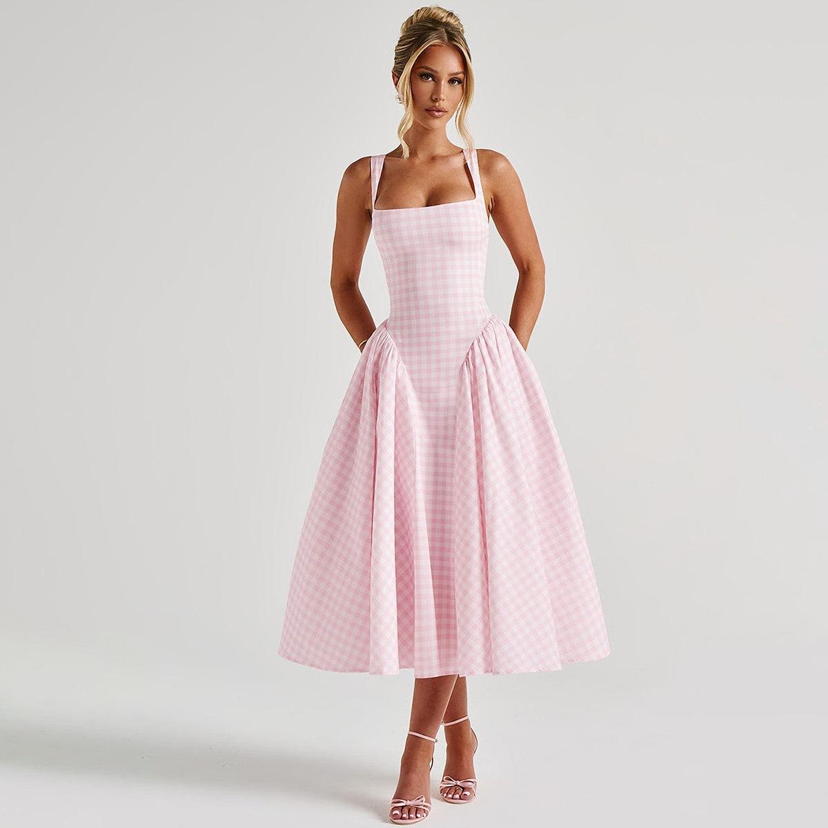 Fashion French fresh European and American new plaid printing waist princess dress sexy backless suspender dress women s clothing S