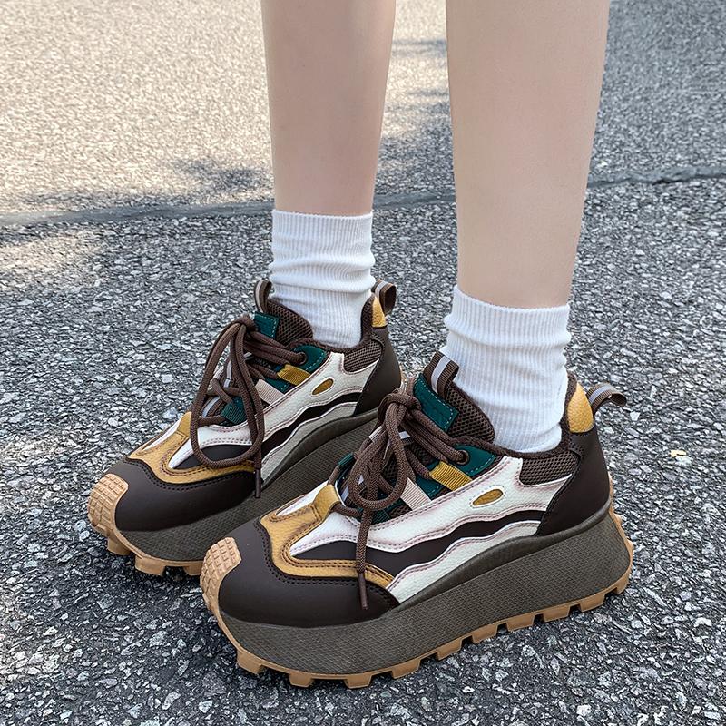 Women's Casual Sports Shoes Autumn New Round Head Color Matching Before Tying Thick Sole Anti-slip Wear-resistant Single Shoes