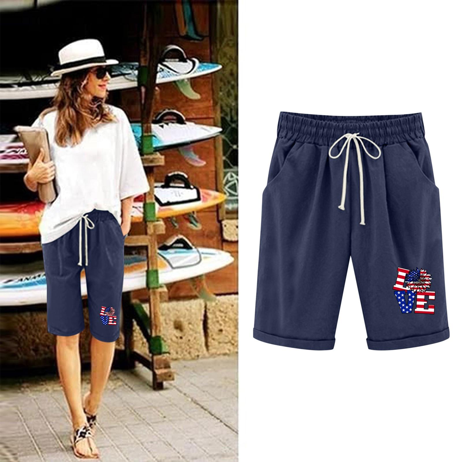 

Шорты больших размеров для женщин, эластичные пышные хлопковые льняные шорты-бермуды с эластичной резинкой на талии, повседневная пляжная одежда XXL тёмно-синий