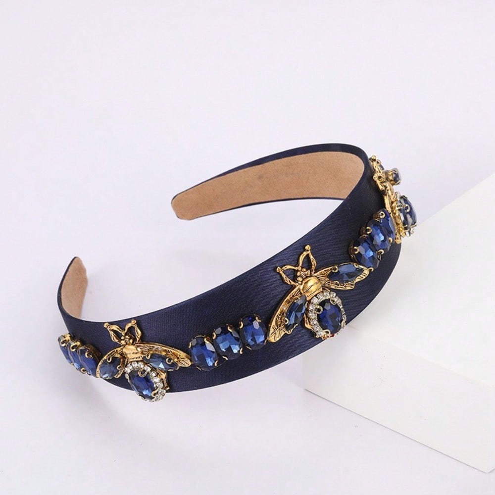Color Crystal Bee Headband Fabric Wide Edge Headband Retro Rhinestone Hair Accessories
