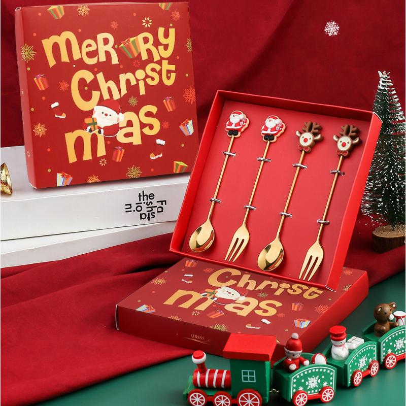 2025 Christmas Spoon and Fork Set Stainless Steel Creative Tableware Coffee Tea Dessert Spoon Spoons with Gift Box 6Pcs New