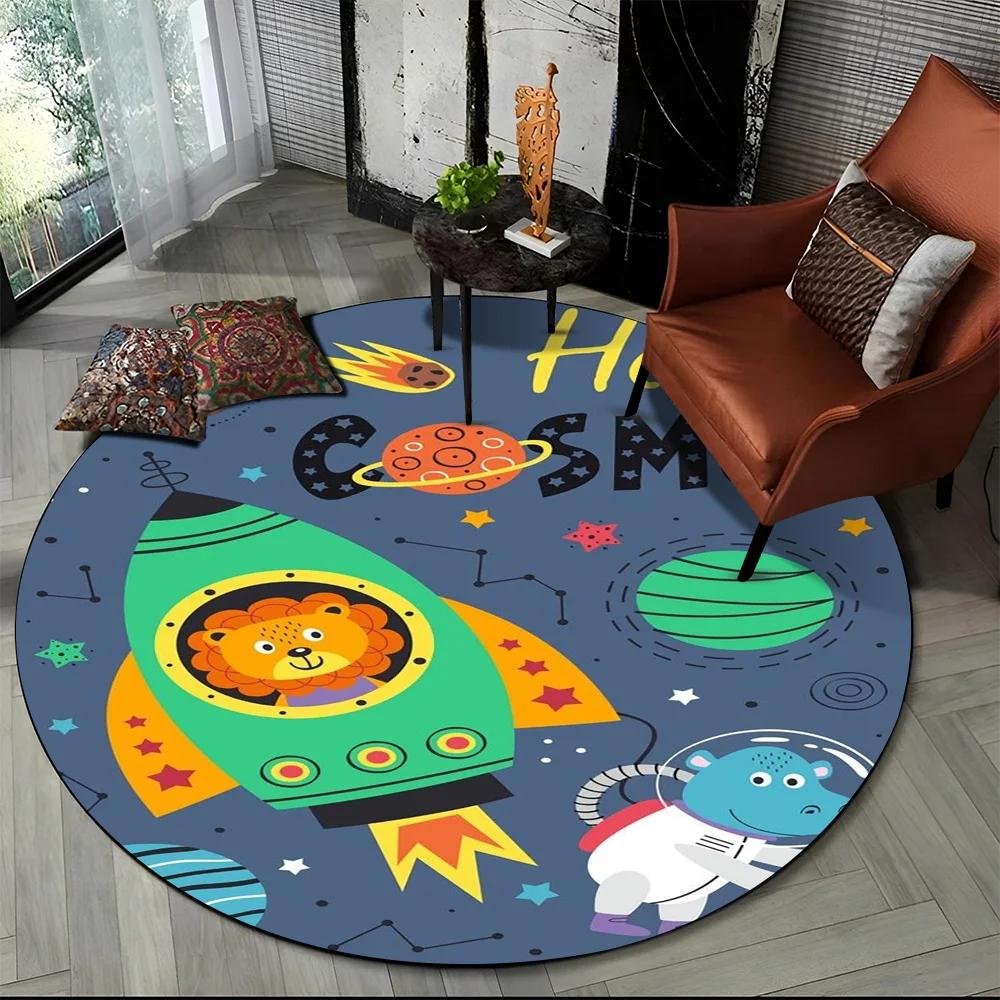 Cute Dino Dinosaur Space Children Cartoon Round Carpet Rug for Living Room Bedroom Chair Decor,Pet Area Rug Non-slip Floor Mat