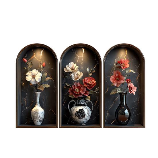 3 Pcs 3D Wall Vase Flower Wall Stickers Vintage Art Self-Adhesive Colorful