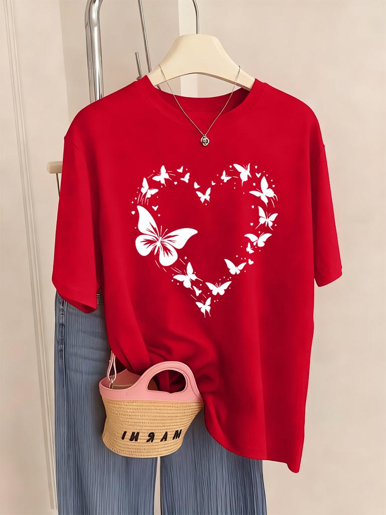 Schmetterling Herz Bedruckte T-Shirts Damen Lässig Weiche T-Shirts Locker Bequem Kurzarm Oberteile Sommer O-Ausschnitt Damen Kleidung