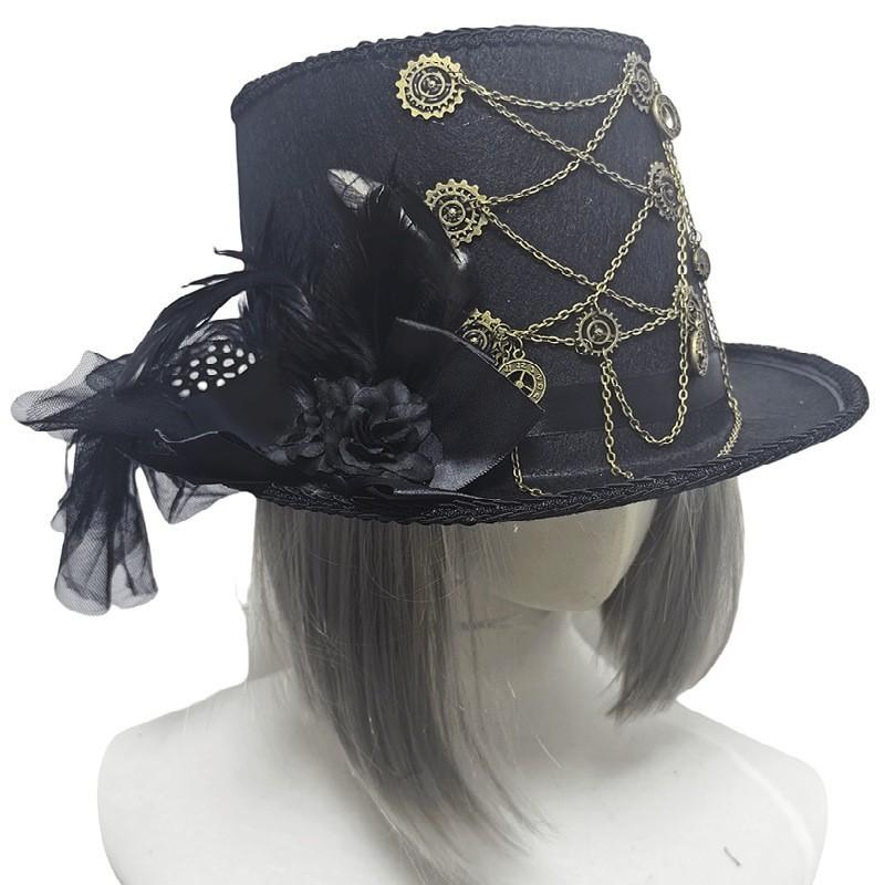 

Lolita Lace Feather Gothic Top Hat Steampunk Gear Chain Mesh Performance чорний