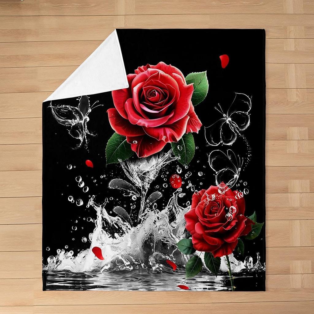 Red Roses Water Droplets Flannel Throw Blanket Valentine's Day Gift for Girls Women King Queen Size for Couch Sofa Living Room
