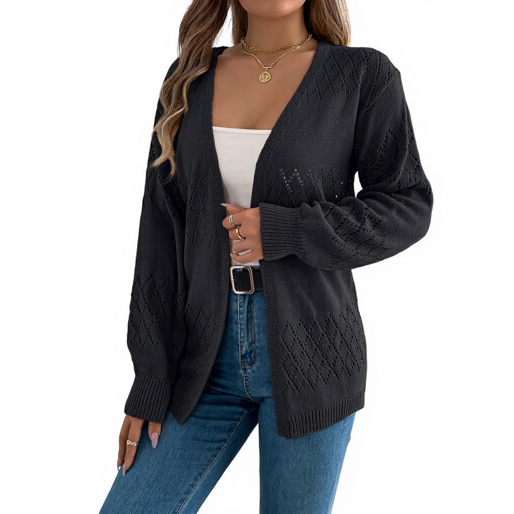 Women's Casual Solid Color Hollow  Long Sleeve Cardigan Mid-Length Sweater Jacket