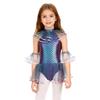 Kids Girls Mermaid Cosplay Costume: Sleeveless Mesh Sequins Bodysuit with Fish Scales Print & Arm Sleeves for Halloween Party