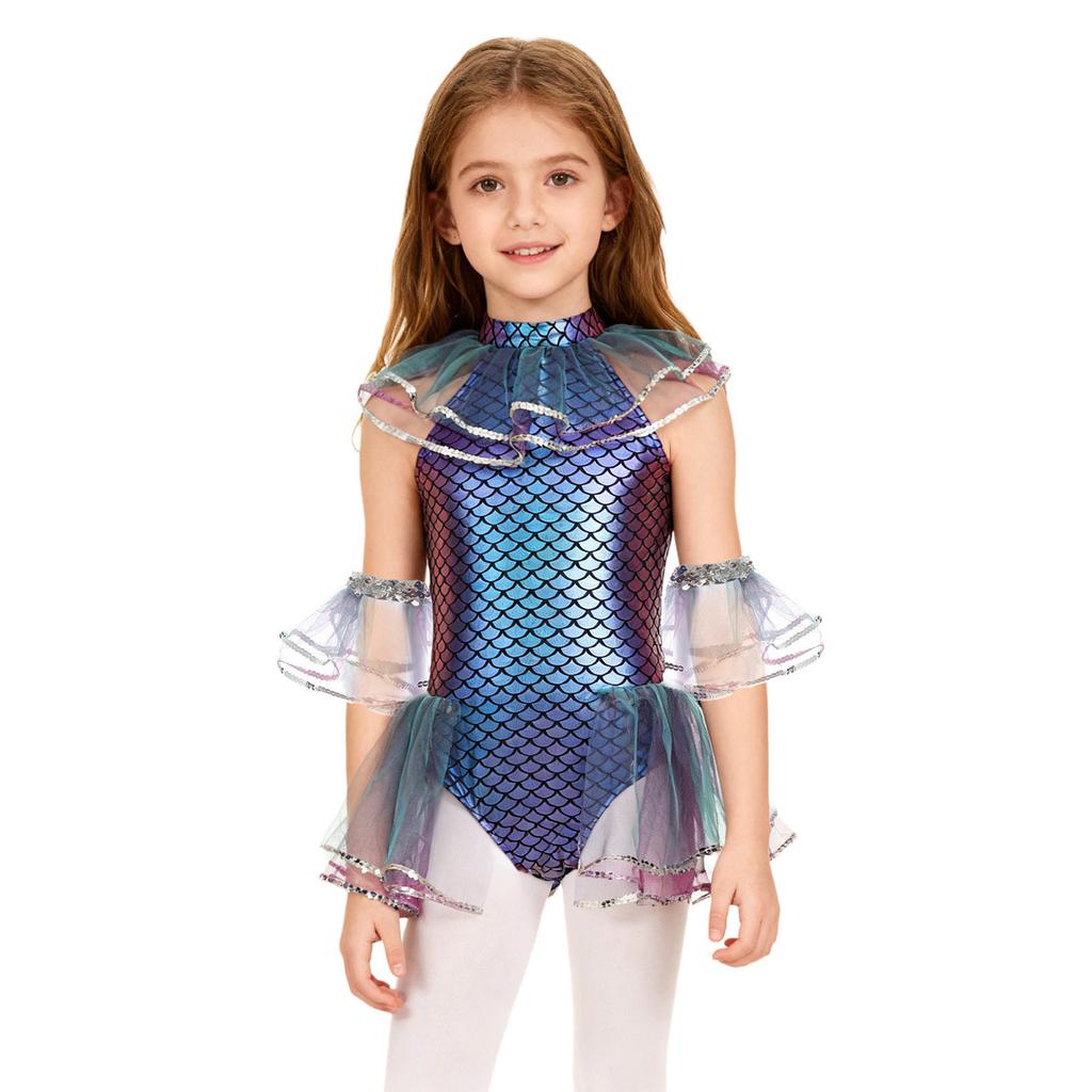 Kids Girls Mermaid Cosplay Costume: Sleeveless Mesh Sequins Bodysuit with Fish Scales Print & Arm Sleeves for Halloween Party