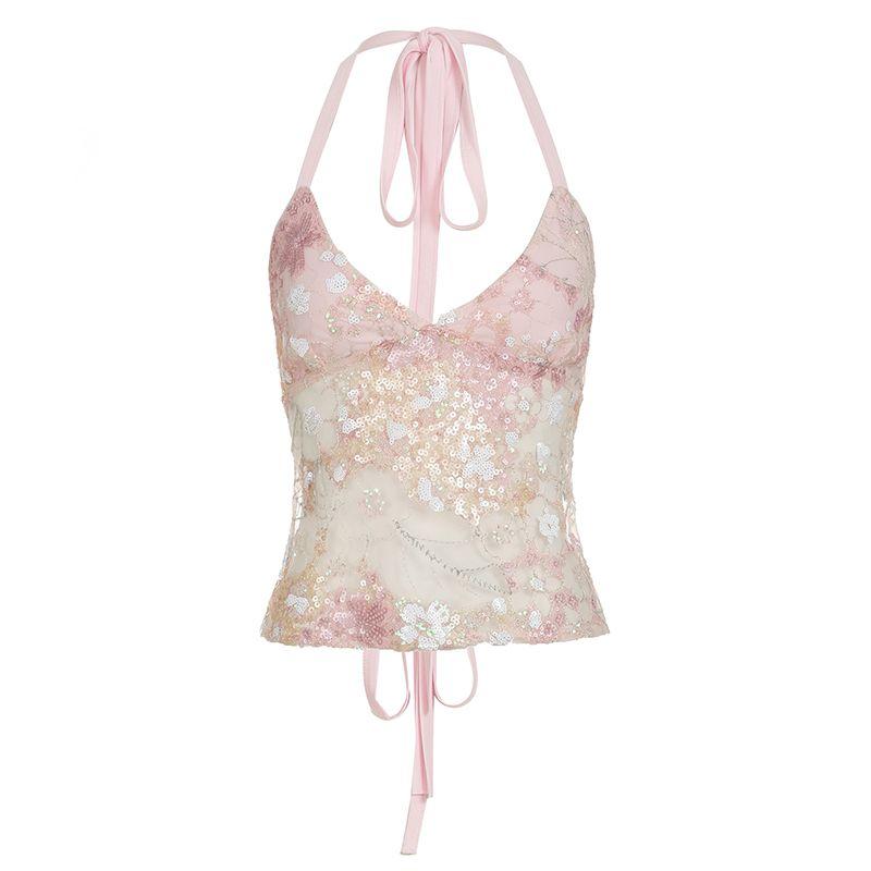 H Home European and American Women's Clothing Spring Romantic Pink Lace Sequin Stitching V-neck Strap Heavy Industry Halter Backless Tops