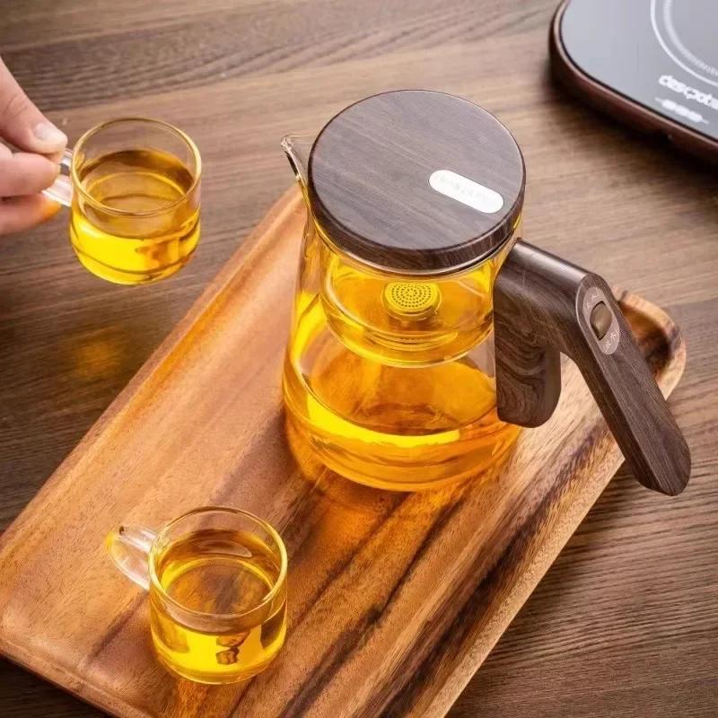Elegant and Functional Glass Teapot with Heat-resistant Magnetic Suction Cup Separation and One-button Filter for Brewing Tea