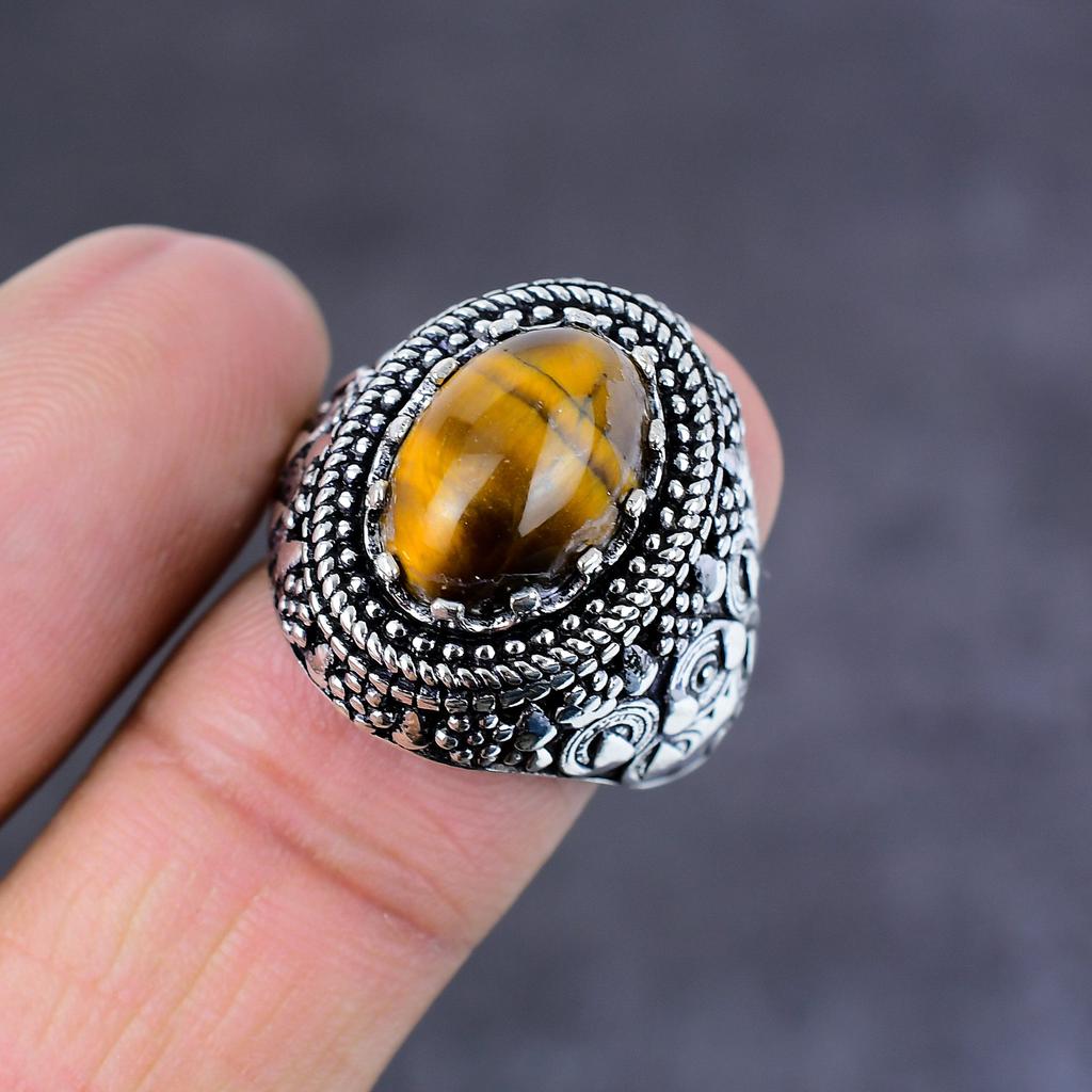 Natürlicher Tigerauge Edelstein Handgefertigt 925 Sterling Silber Schmuck Ring Größe 6 P8w56